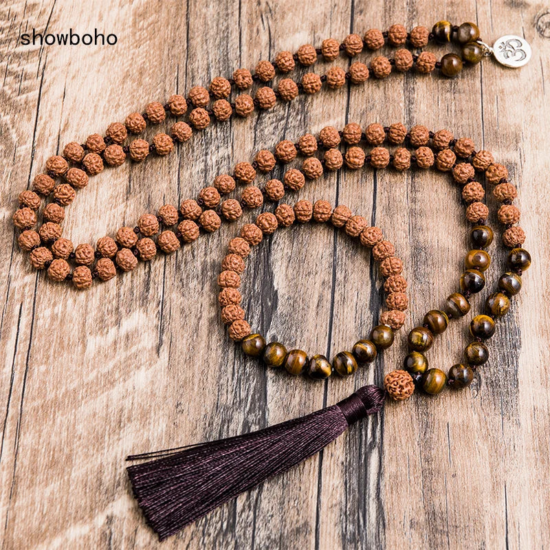 Rudraksha with Yellow Tiger Eye Beads Knotted 108 Meditation Yoga Necklace Set - yogaandmeditationjewelry