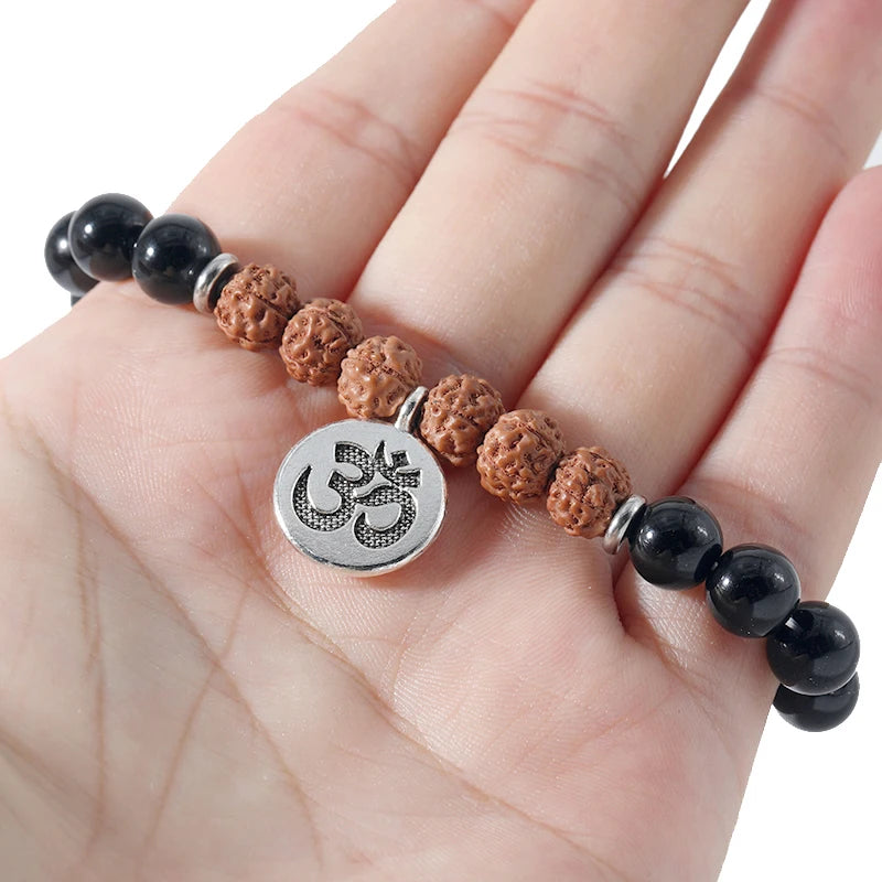 Rudraksha & Black Onyx OM Pendant Bracelet - yogaandmeditationjewelry