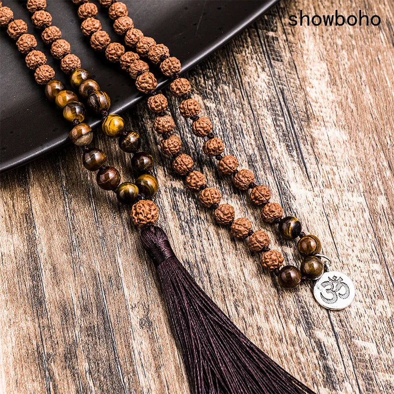 Rudraksha with Yellow Tiger Eye Beads Knotted 108 Meditation Yoga Necklace Set - yogaandmeditationjewelry