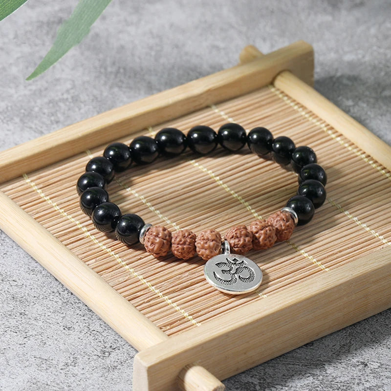 Rudraksha & Black Onyx OM Pendant Bracelet - yogaandmeditationjewelry