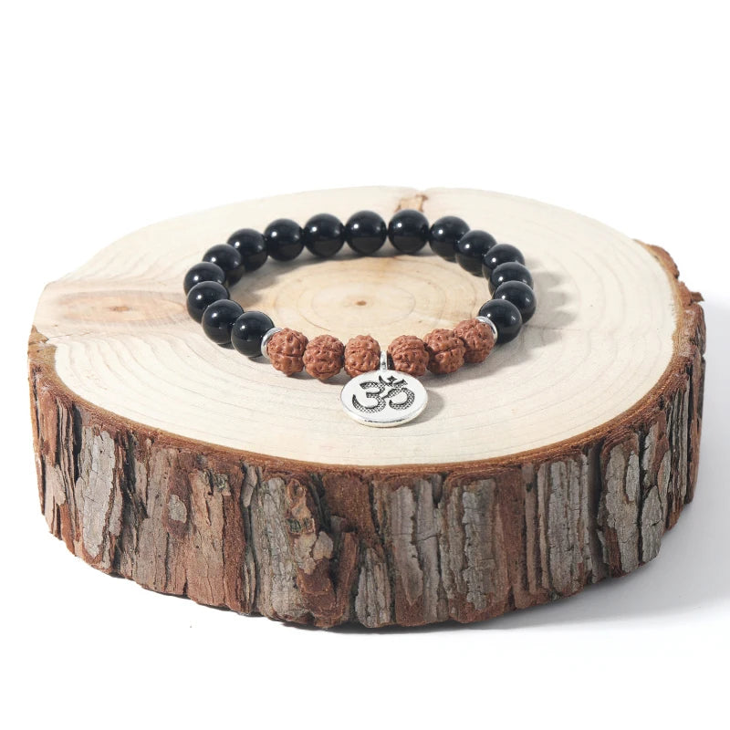 Rudraksha & Black Onyx OM Pendant Bracelet - yogaandmeditationjewelry