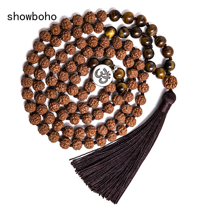 Rudraksha with Yellow Tiger Eye Beads Knotted 108 Meditation Yoga Necklace Set - yogaandmeditationjewelry