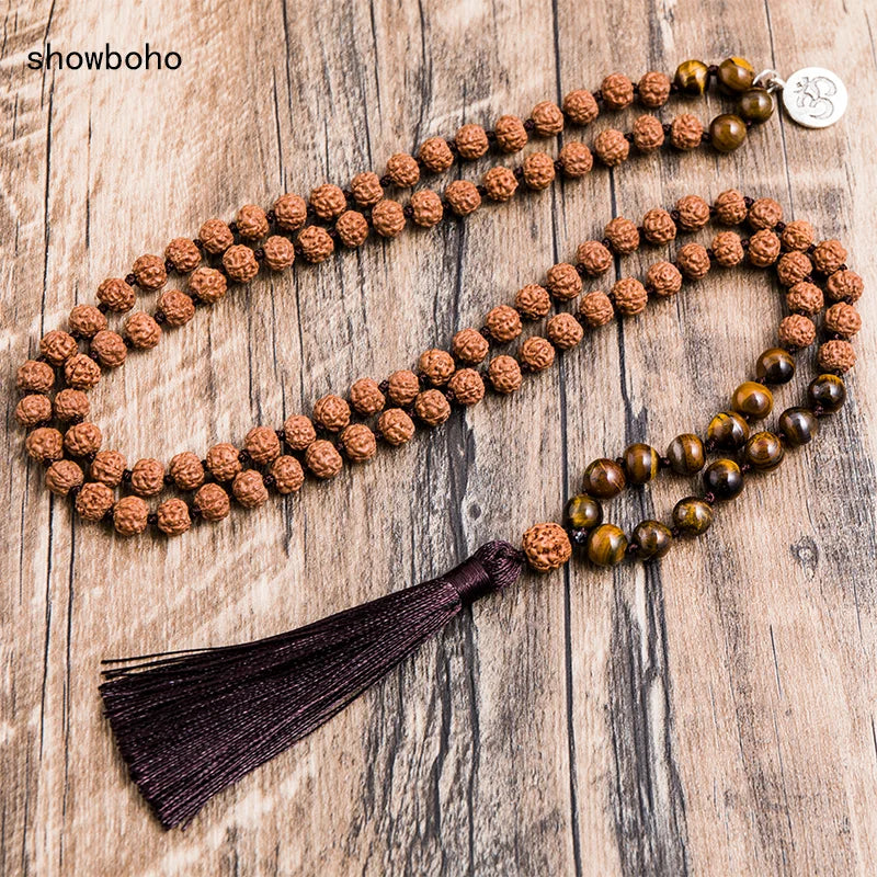 Rudraksha with Yellow Tiger Eye Beads Knotted 108 Meditation Yoga Necklace Set - yogaandmeditationjewelry