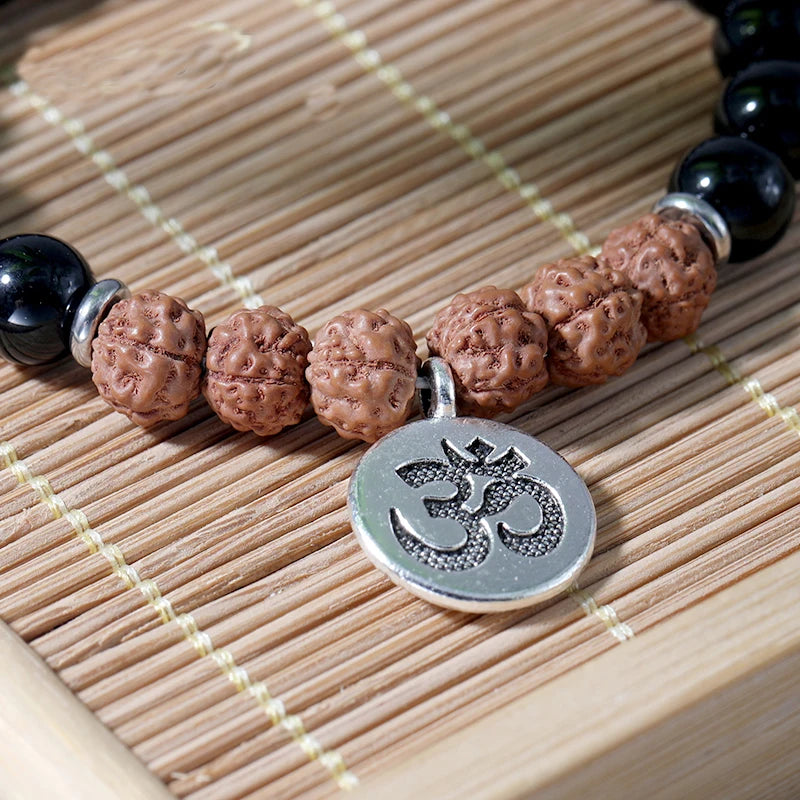 Rudraksha & Black Onyx OM Pendant Bracelet - yogaandmeditationjewelry