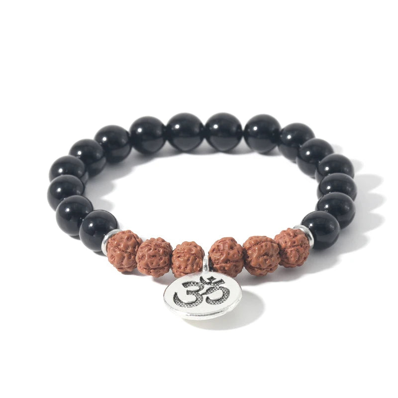 Rudraksha & Black Onyx OM Pendant Bracelet - yogaandmeditationjewelry