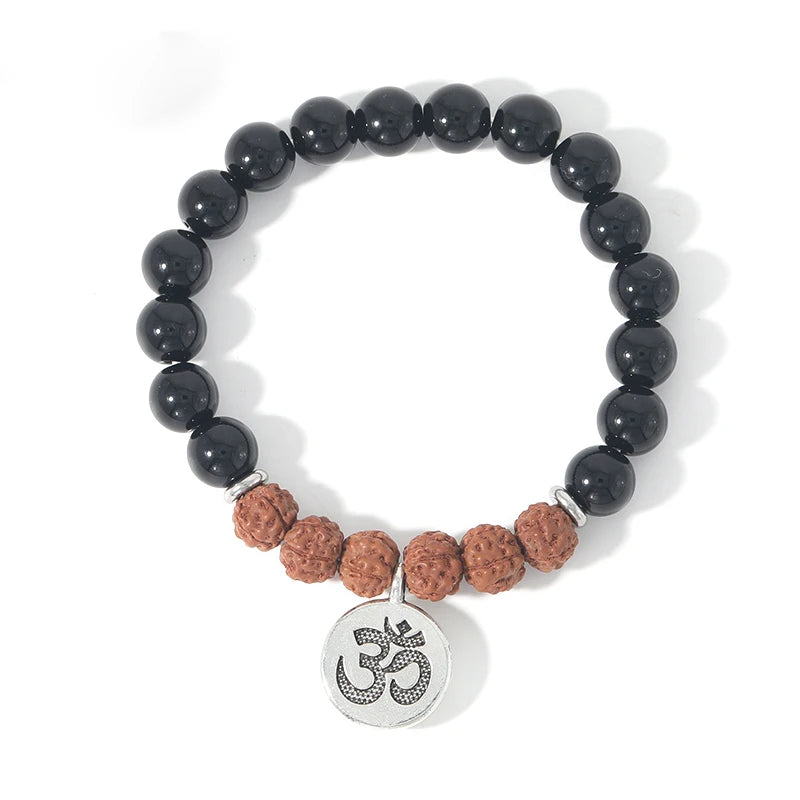 Rudraksha & Black Onyx OM Pendant Bracelet - yogaandmeditationjewelry