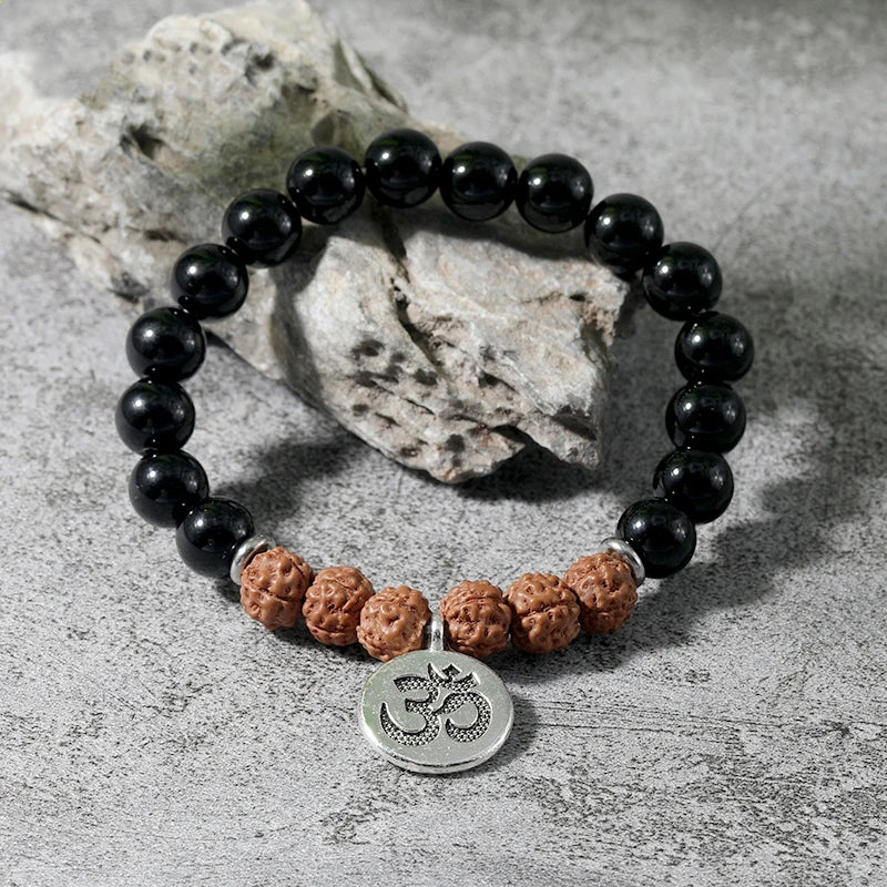 Rudraksha & Black Onyx OM Pendant Bracelet - yogaandmeditationjewelry