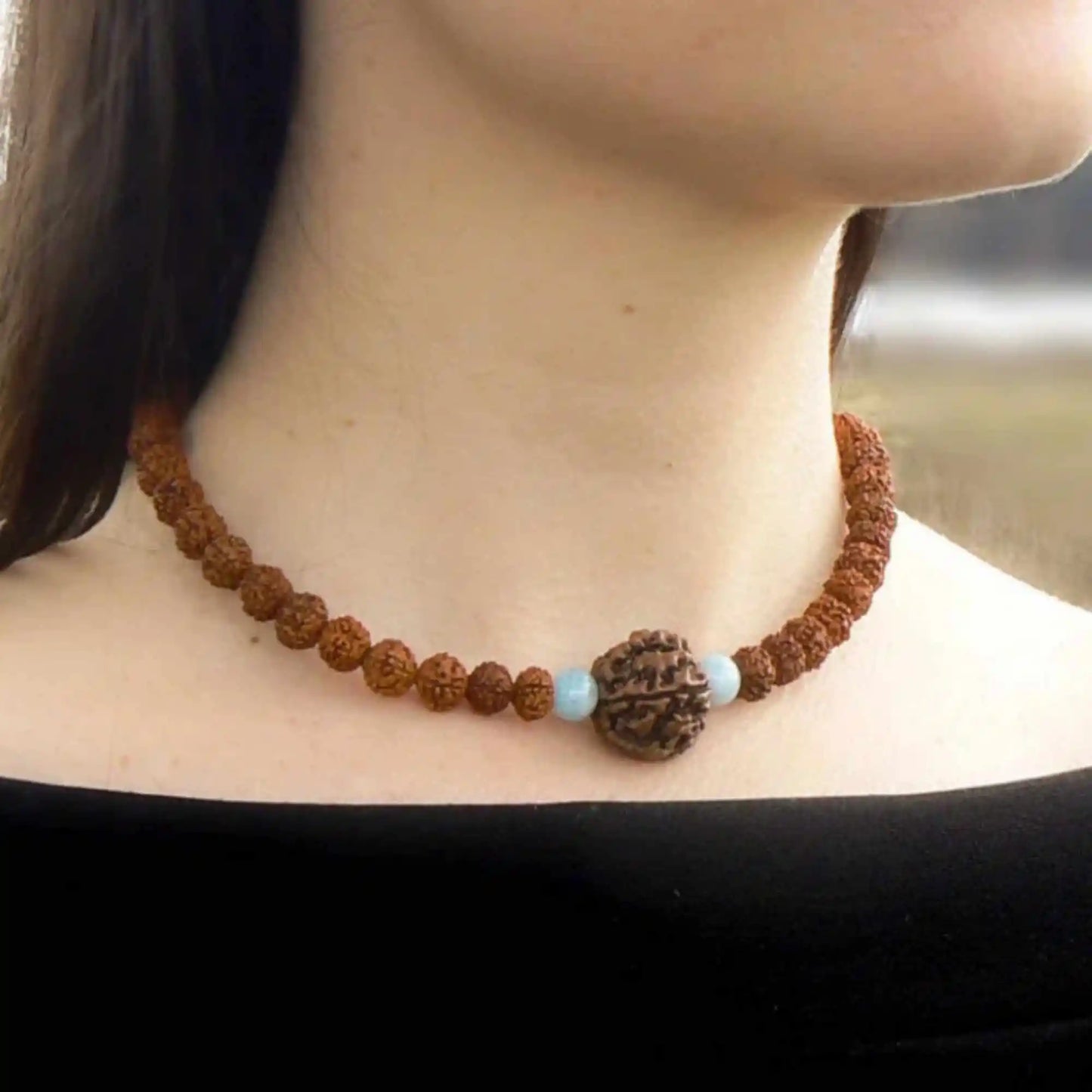 Nepali Rudraksha Aquamarine Pendant - yogaandmeditationjewelry