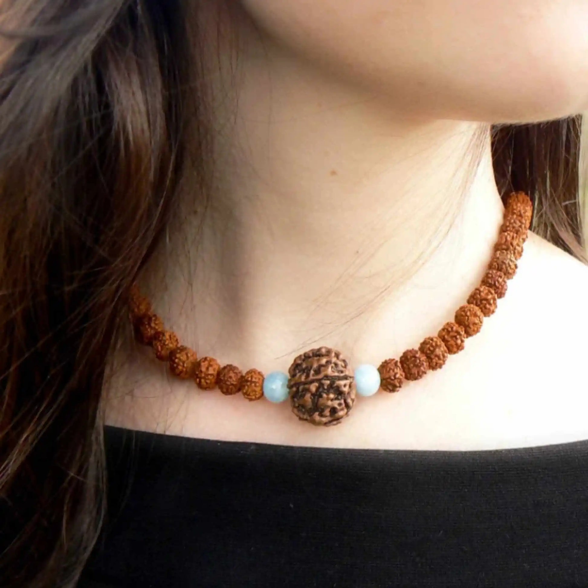 Nepali Rudraksha Aquamarine Pendant - yogaandmeditationjewelry