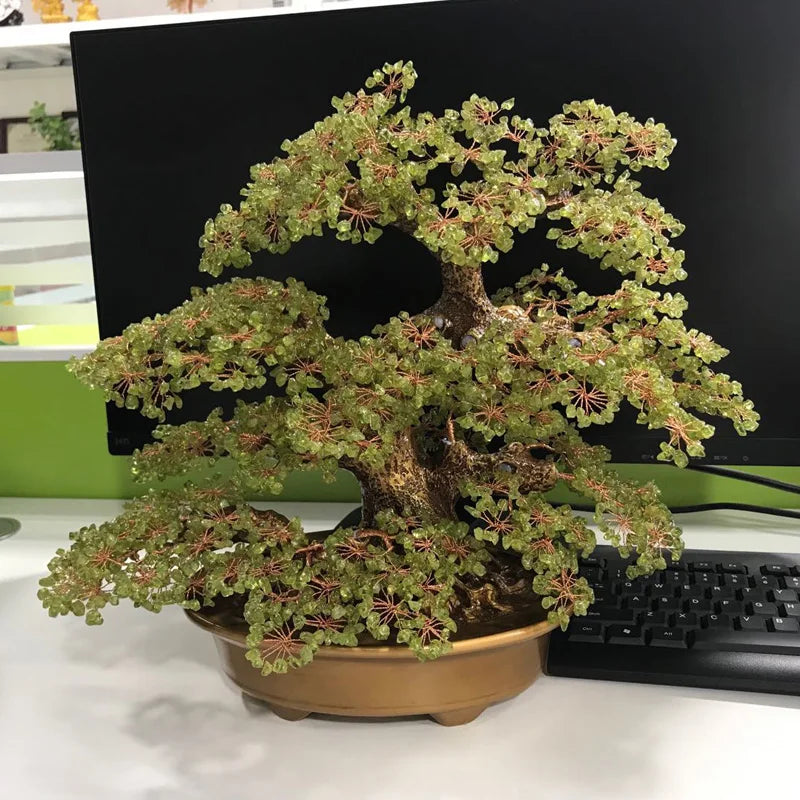 Natural crystal peridot stone bonsai tree for Money & Luck - yogaandmeditationjewelry