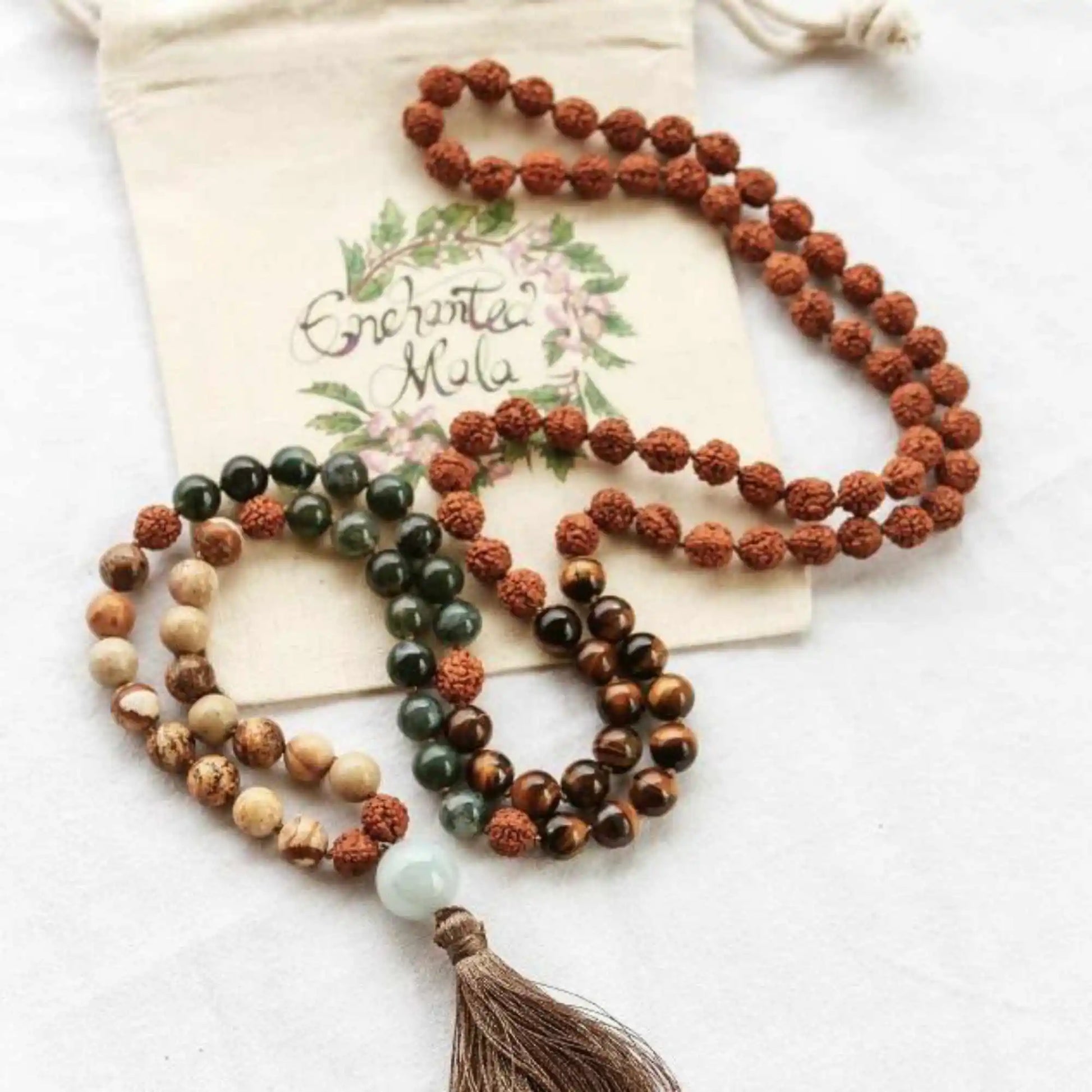 Rudraksha Tiger's Eye Moss Agate Jasper 108 Knot Necklace - yogaandmeditationjewelry