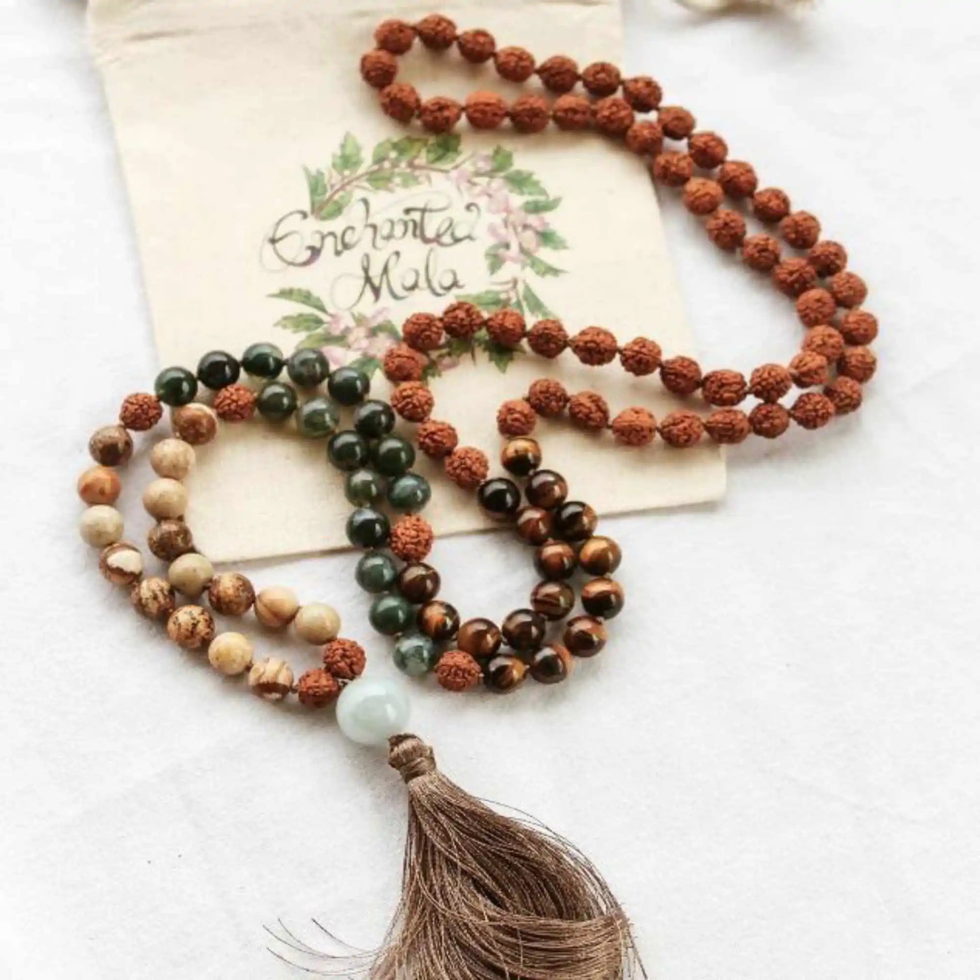 Rudraksha Tiger's Eye Moss Agate Jasper 108 Knot Necklace - yogaandmeditationjewelry