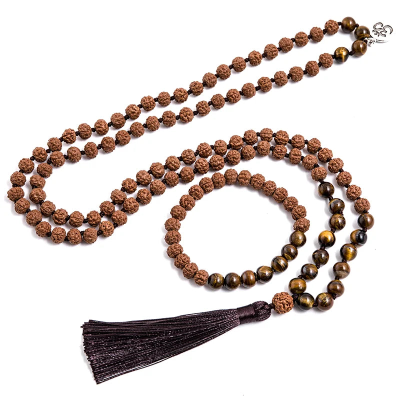 Rudraksha with Yellow Tiger Eye Beads Knotted 108 Meditation Yoga Necklace Set - yogaandmeditationjewelry